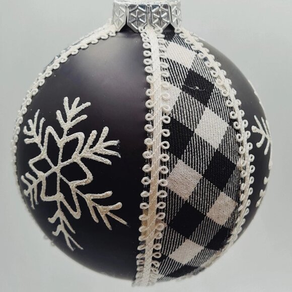 Black White Plaid Snowflake Ball Large Glitter Glass Ornament 4" Set 2 - Picture 3 of 4